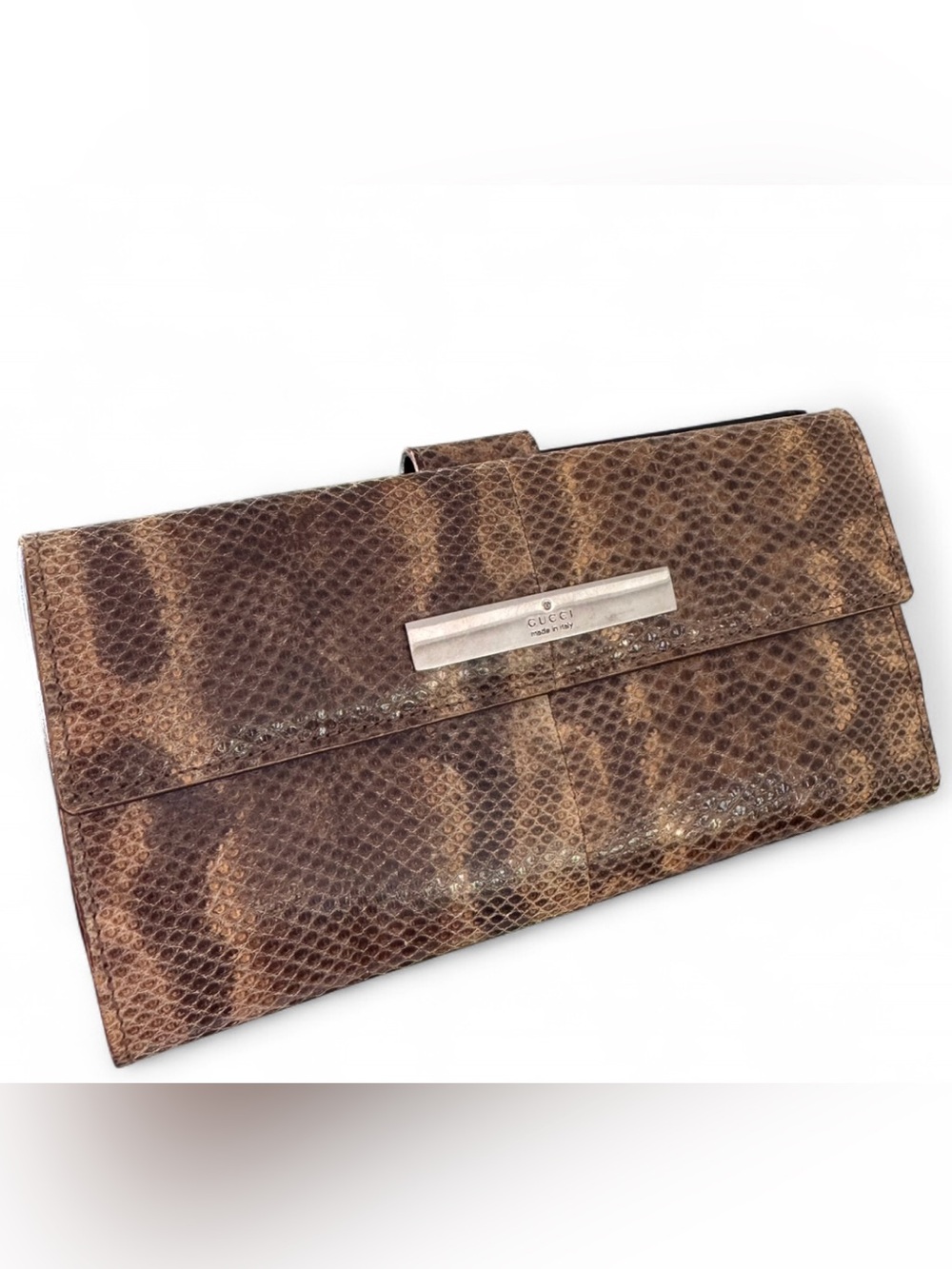 Authentic Gucci Genuine Snakeskin Vintage Neutral Envolope Brown Clutch Wallet - Picture 2 of 16